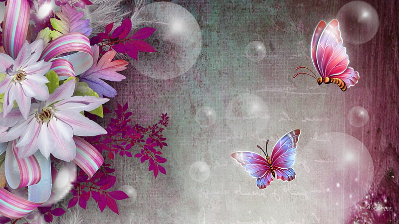 Bubbles & Butterflies, flowers, wine, ribbon, butterflies, spring, abstract, foliage, feather, summer, bubbles, clematis, papillon, flowers, light, HD wallpaper