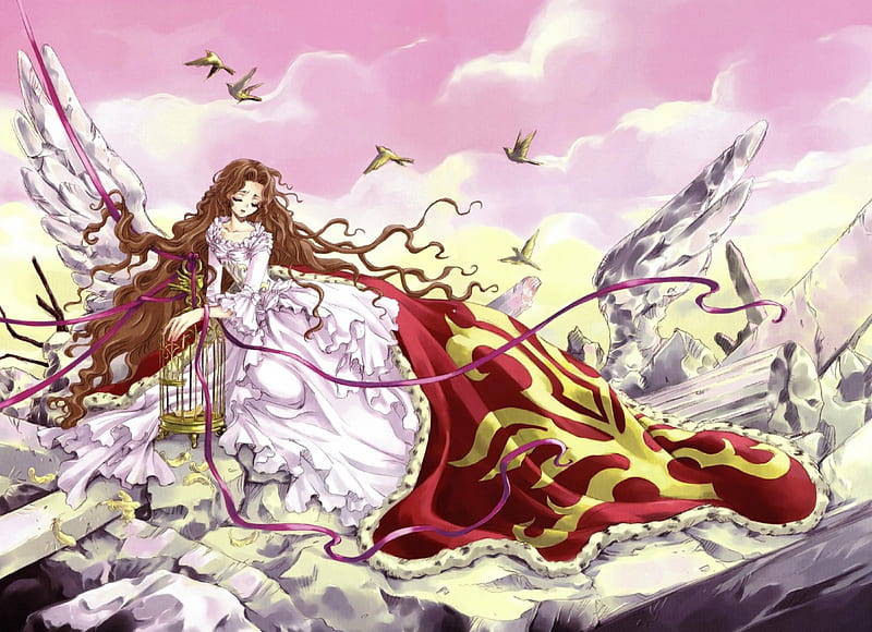 Break , pretty, code geass, cg, wing, sweet, nice, anime, feather, cape, geass, beauty, anime girl, wings, lovely, gown, sky, cage, awesome, birt dress, divine, splendid, bonito, sublime, loli, gorgeous, cloud, angel, brown hair, lolita, girl, nunnally, scene, angelic, HD wallpaper