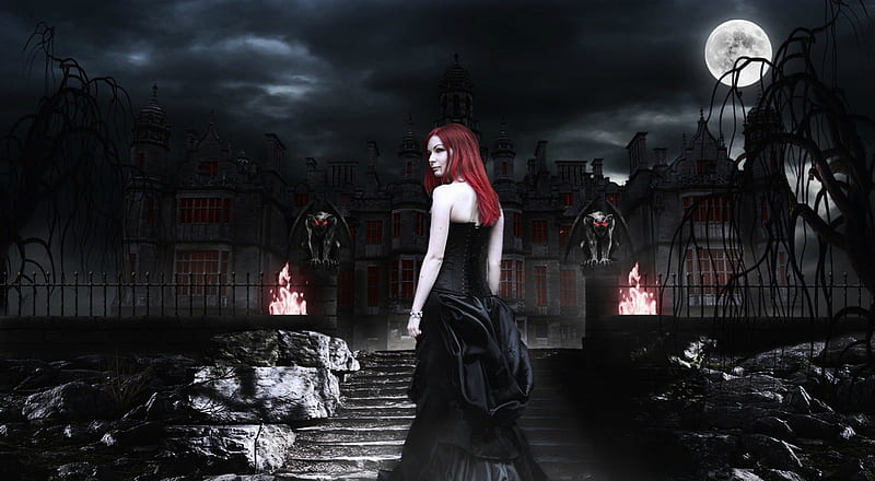 GOTHIC NIGHTS, Black Red Hair, Fantasy, dark, Moon, Gargoyles, Gothic, Night, HD wallpaper