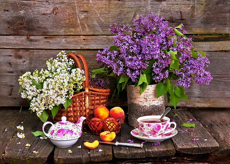 Tea and lilacs, fruits, vase, tea, floral, still life, porcelain, wood, outside, rustic, lilacs, abstract, purple, basket, cup, garden, nature, kettle, white, HD wallpaper