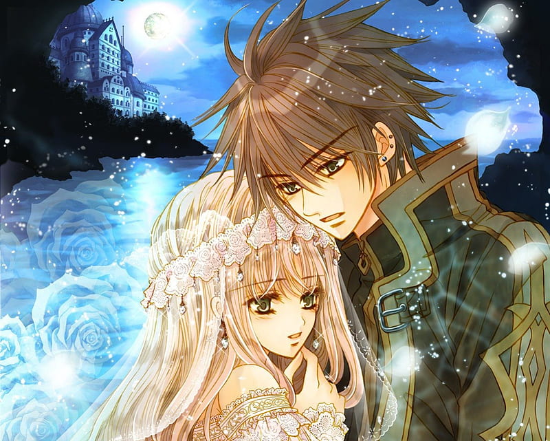 ~: L♡VE :~, pretty, house, veil, sweet, floral, nice, love, anime, royalty, handsome, beauty, anime girl, gems, jewel, long hair, romance, gown, blonde, sky, palace, jewelry, short hair, hug, building, water, lover, moonlight, scenic, dress, divine, rose, guy, adore, bonito, elegant, moon, blossom, gemstone, scenery, light, couple, gorgeous, night, female, cloud, male, romantic, view, brown hair, blonde hair, boy, girl, flower, petals, castle, scene, HD wallpaper