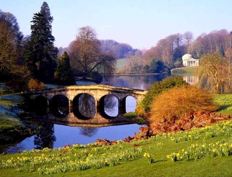 water passthrough, river, all green, bridge, HD wallpaper