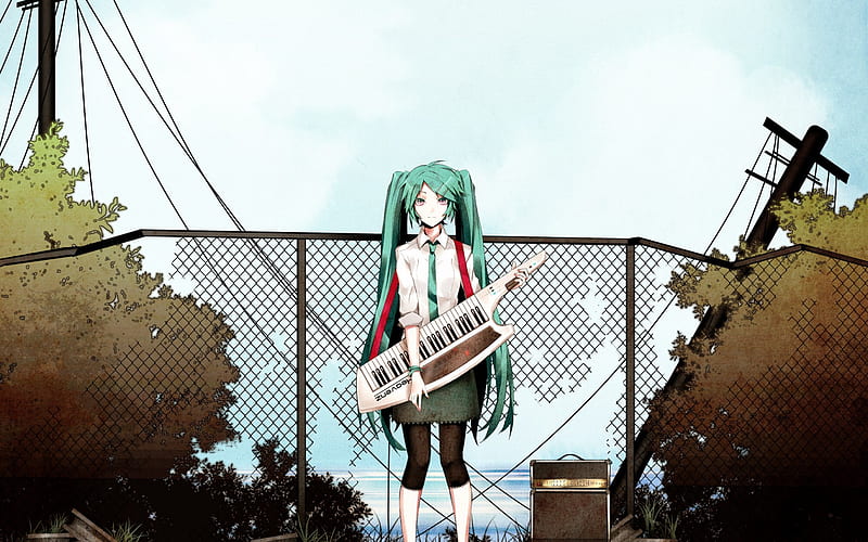 Vocaloid, Hatsune Miku, girl with a guitar, art, japanese manga, HD wallpaper