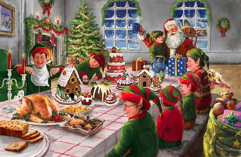 Santa Claus, pictura, santa, craciun, painting, christmas, nicky boehme, elf, HD wallpaper