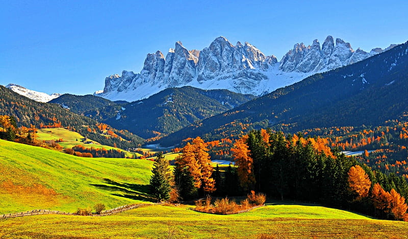 Val di Funes_Italy, Alps, Alpine hut, autumn, Italia, grass, Italy, Architecture, valley, Nature, Trees, nice, View, green, Landscapes, path, beauty, scenery, hills, forest, houses, monumet, colors, sky, Panorama, Mountains, Clouds, Snow, HD wallpaper