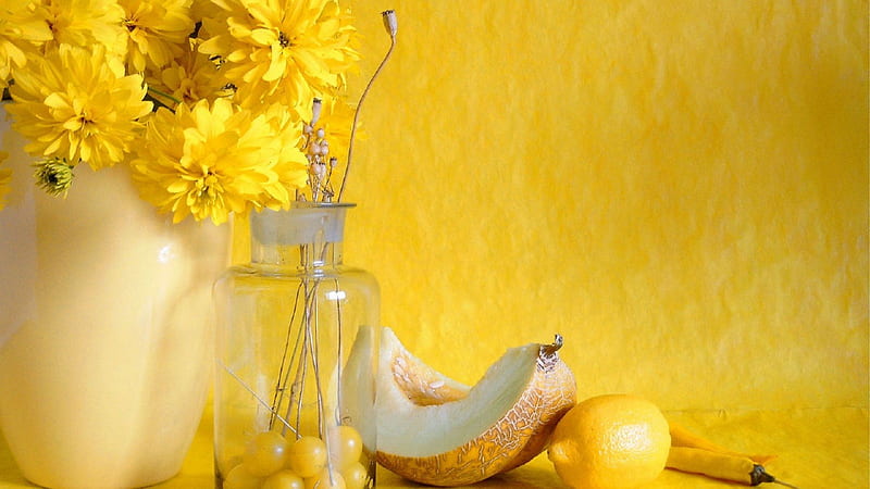 Still Life Yellow Flower Lemon, life, still, yellow, abstract, fruit, jar, flowers, melon, lemons, HD wallpaper