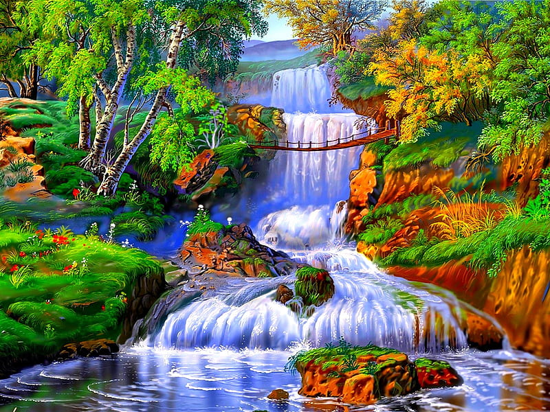 waterfalls, painting, nature, water, magic, HD wallpaper