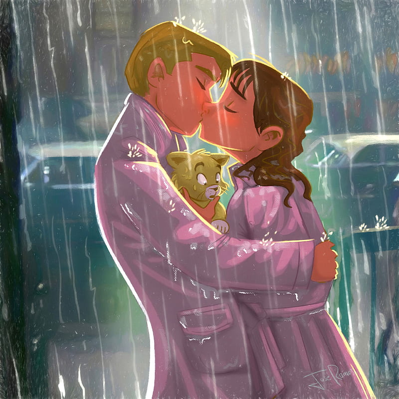 kiss, couple, art, love, kitten, rain, HD phone wallpaper