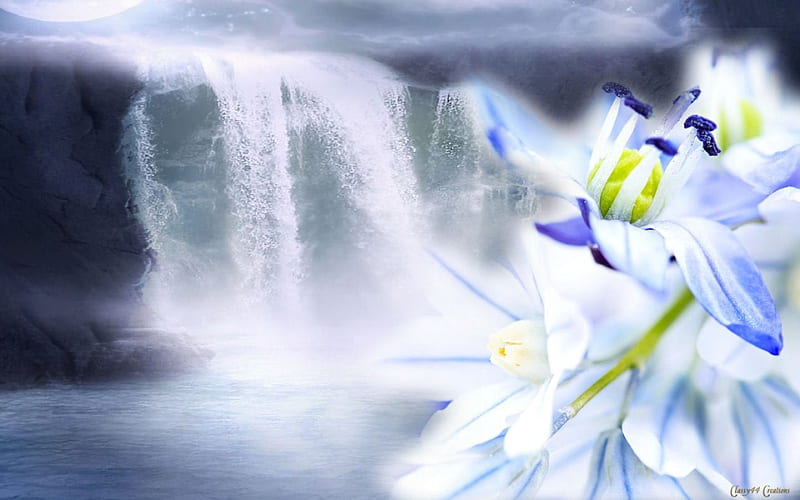 Island Flowers, pretty, bonito, mist, water, green, purple, waterfall, white, blue, HD wallpaper
