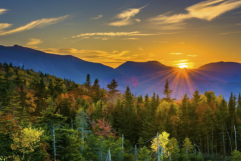 Kancamagus Highway, New Hampshire, sun, mountains, trees, clouds, sky, landscape, HD wallpaper