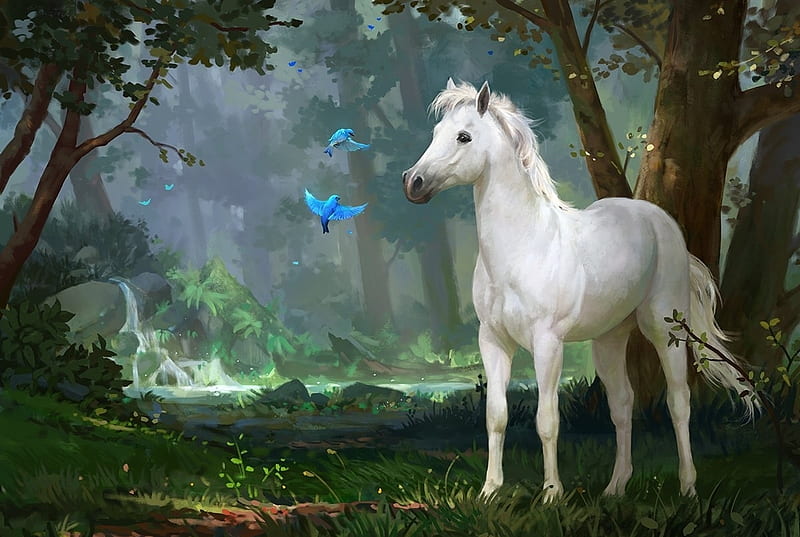 The white horse, forest, art, luminos, pasare, horse, animal, fantasy, tree, bird, summer, leesha hannigan, white, blue, HD wallpaper