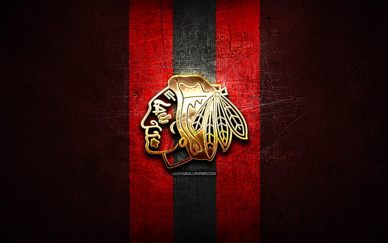 Chicago Blackhawks, golden logo, NHL, red metal background, american hockey team, National Hockey League, Chicago Blackhawks logo, hockey, USA, HD wallpaper