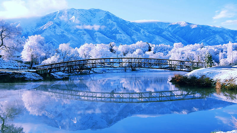 Bridge Between Body Of Water And White Covered Mountains And Trees With Reflection On Water Winter, HD wallpaper