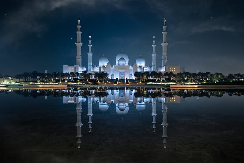 :), castle, al jami al kabir, night, water, abu dhabi, united arab emirates, HD wallpaper