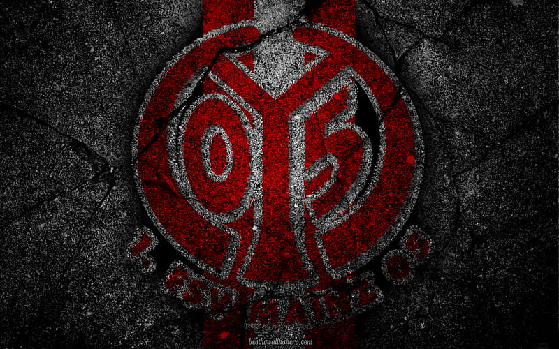 Mainz 05, logo, art, Bundesliga, soccer, football club, FSV Mainz 05, asphalt texture, HD wallpaper