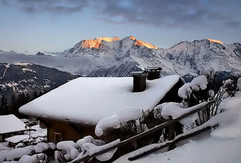 Snowbound, snow, landscapes, nature, sunset, cabin, winter, HD wallpaper