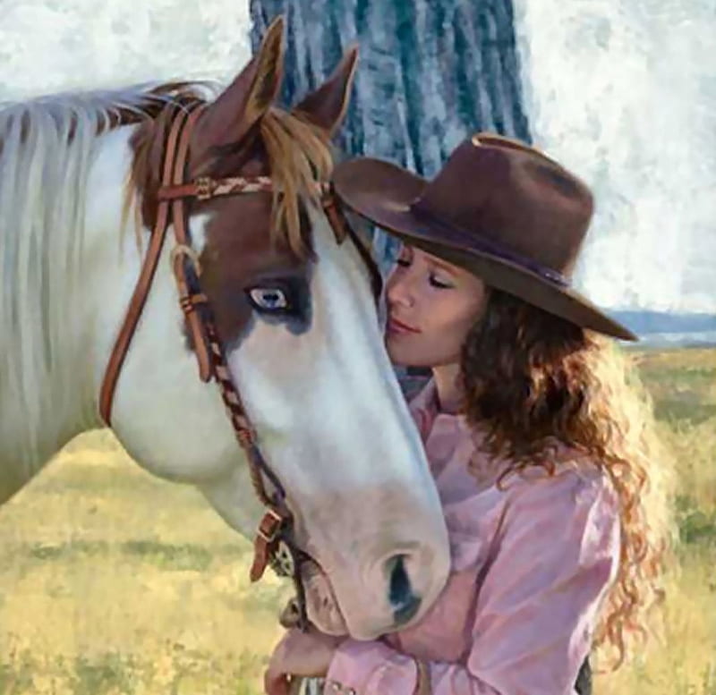 Quiet Companion F, art, cowgirl, paint, equine, bonito, pinto, kiss, artwork, animal, painting, HD wallpaper