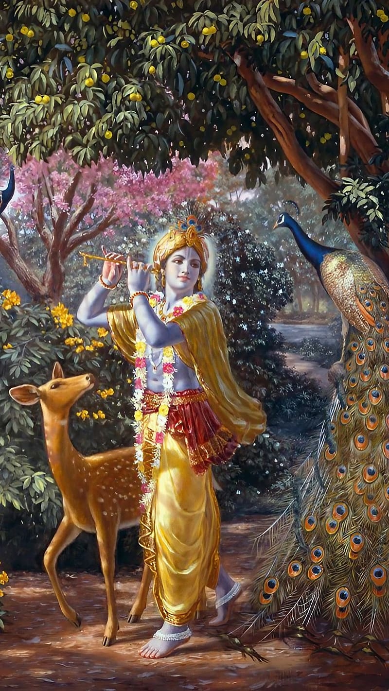 Shri Krishna , Lord Krishna With Peacock And Deer, god, bhakti, HD phone wallpaper