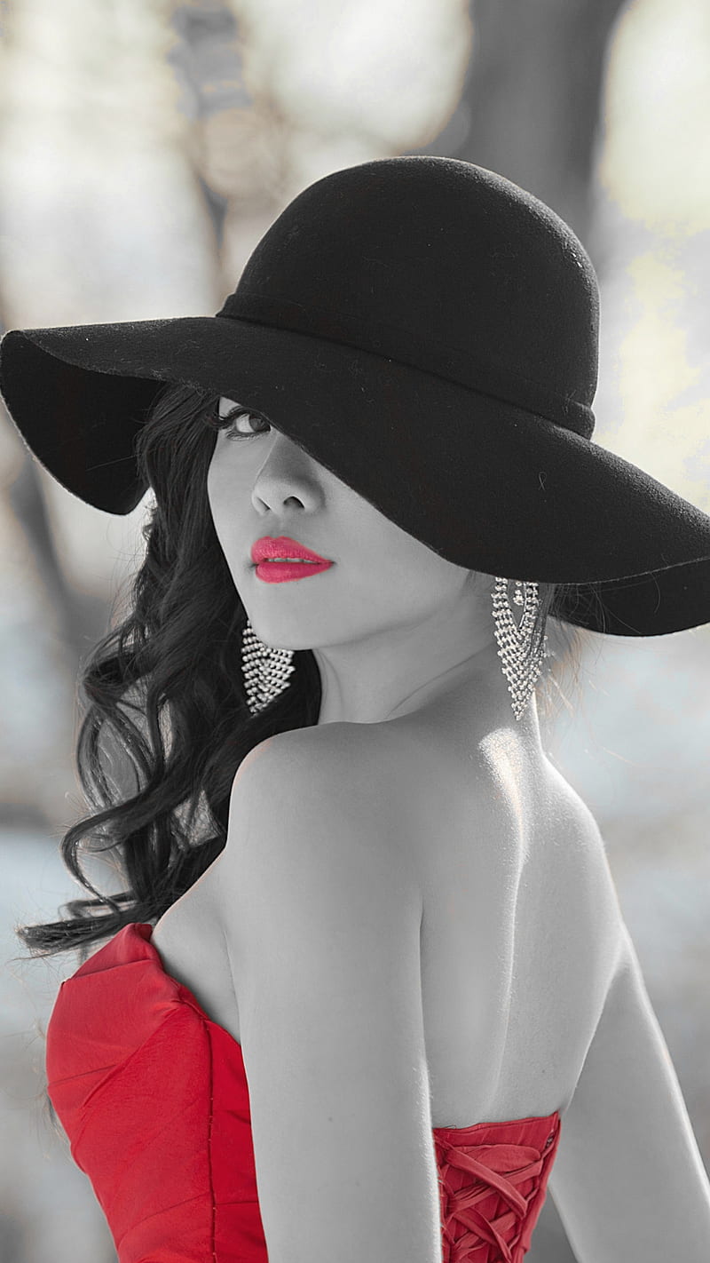 Labios para besar, en blanco y negro, bw, sombrero, bonita, mujer bonita, rojo, de pantalla de teléfono HD | Peakpx