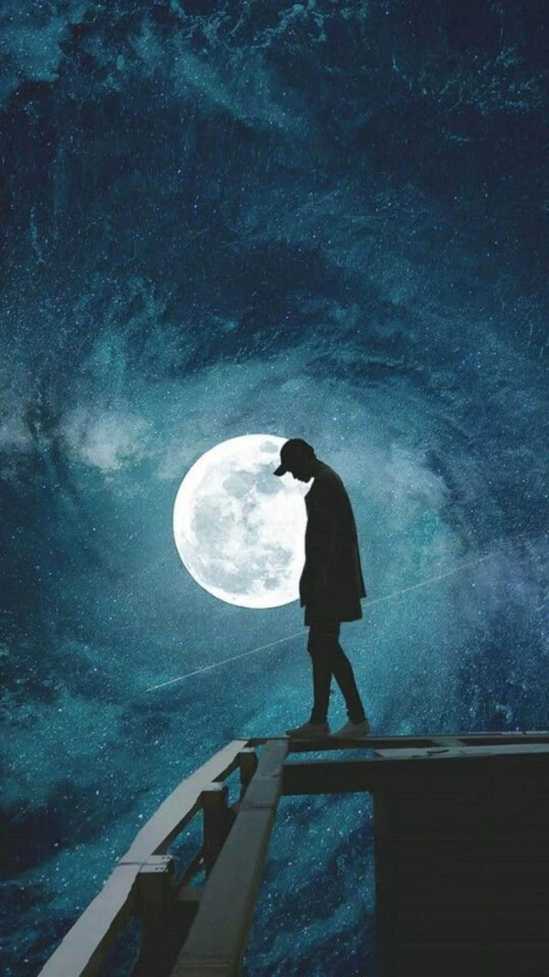 Sad Boyn With Moon Background, sad boy, moon background, standing, blue,  emotion, HD phone wallpaper | Peakpx