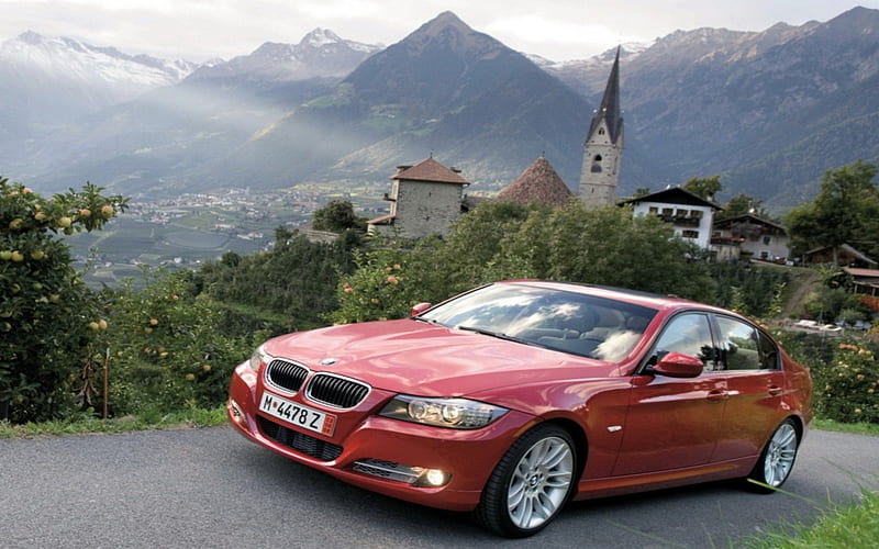 BMW 325, church steeple, mountains, houses, apples, village, alps, HD wallpaper