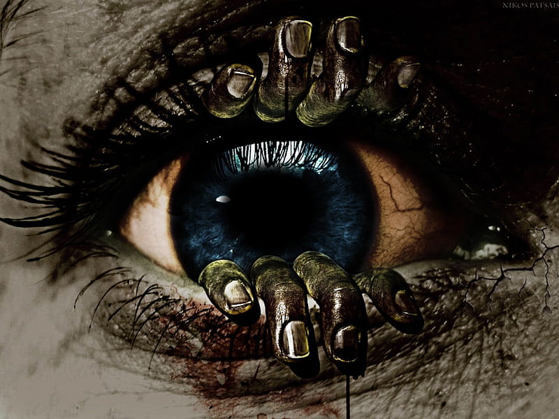 Metamorphosis, hands, eye, manipulation, dark, scary, horror, blue, blood, HD wallpaper