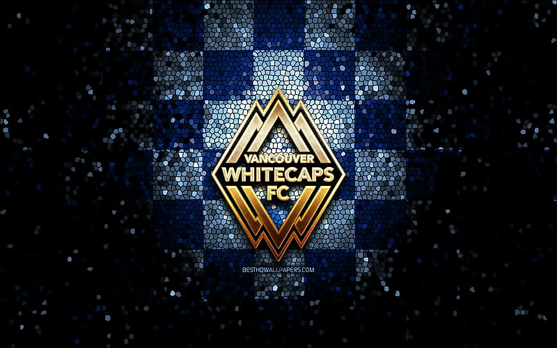 Vancouver Whitecaps FC, glitter logo, MLS, blue black checkered background, Canada, canadian soccer team, Vancouver Whitecaps, Major League Soccer, Vancouver Whitecaps logo, mosaic art, soccer, football, America, HD wallpaper