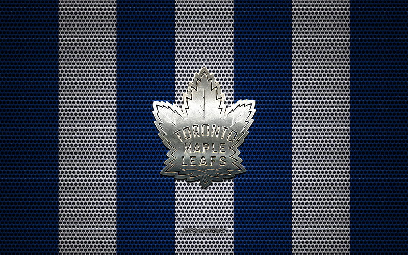 Toronto Maple Leafs logo, Canadian hockey club, metal emblem, blue and white metal mesh background, Toronto Maple Leafs, NHL, Toronto, Ontario, Canada, USA, hockey, HD wallpaper