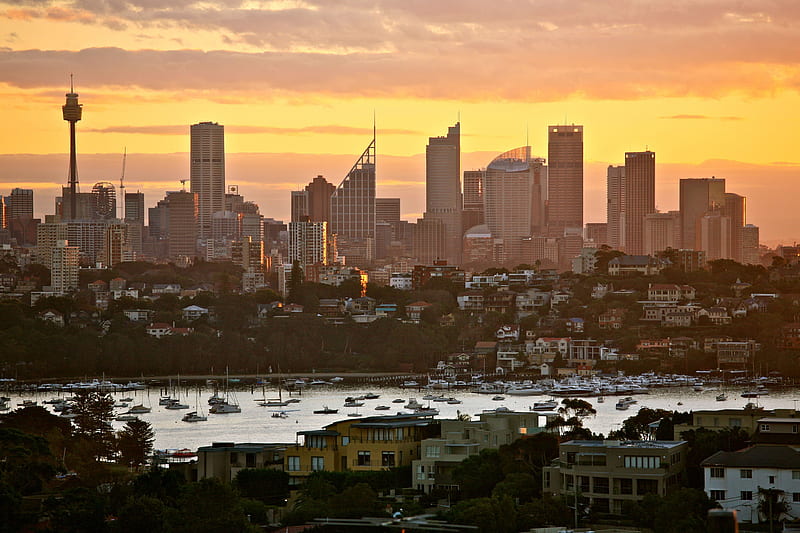 Sydney Skyline at Sunset, architecture, sunset, fun, skyscrapers, HD wallpaper