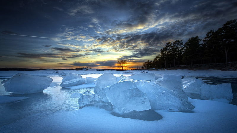 iced river landscape at sunset, chunks, ice, sunset, river, HD wallpaper