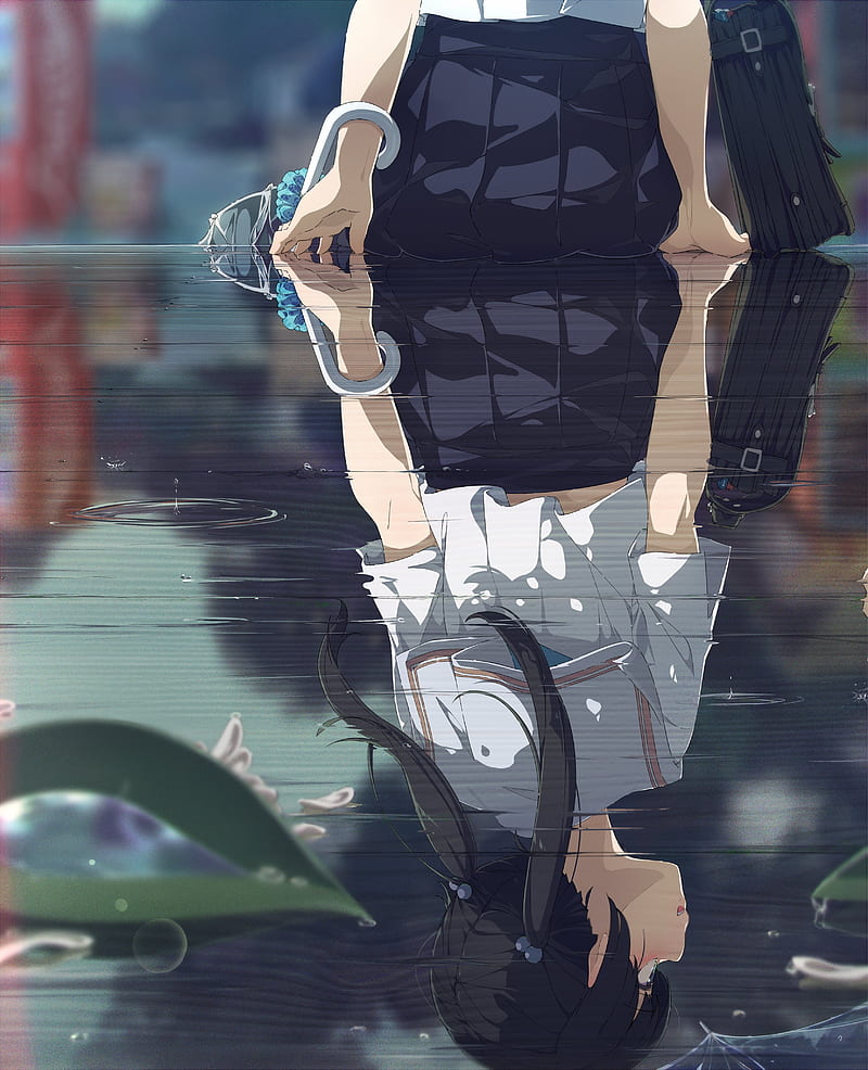 reflection, pretty anime girl, looking away, school uniform, umbrella, Anime, HD phone wallpaper