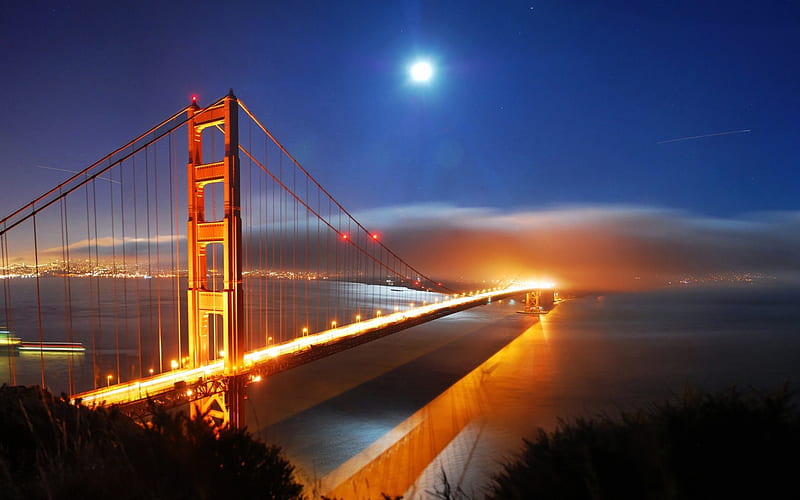 San Francisco Bridge At Night, city lights, Golden Gate, clouds, lights, moon, California, suspension bridge, Pacific Ocean, channel, bay, night, HD wallpaper