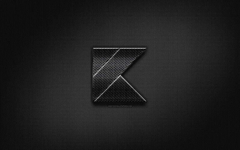Kotlin black logo, programming language, grid metal background, Kotlin, artwork, creative, programming language signs, Kotlin logo, HD wallpaper