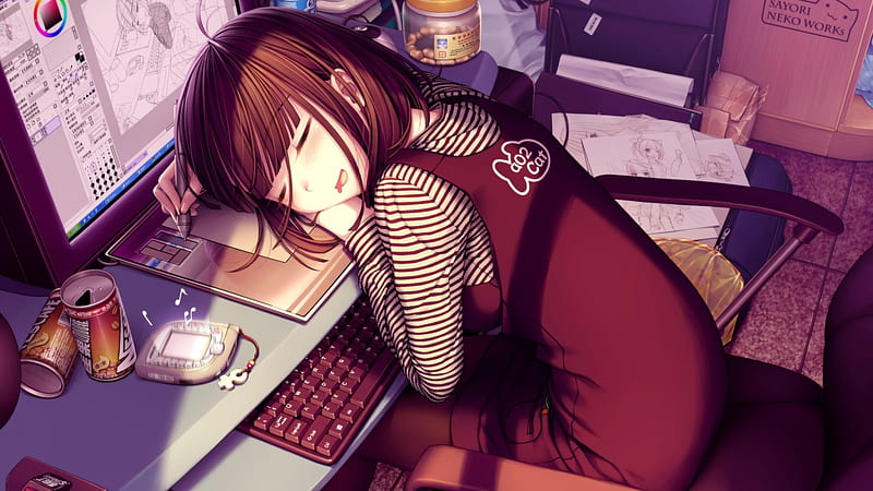 Am so Tired, anime cute girl, pretty, brown hair, bedroom, sleeping, anime school girl, anime, computer, anime girl, HD wallpaper