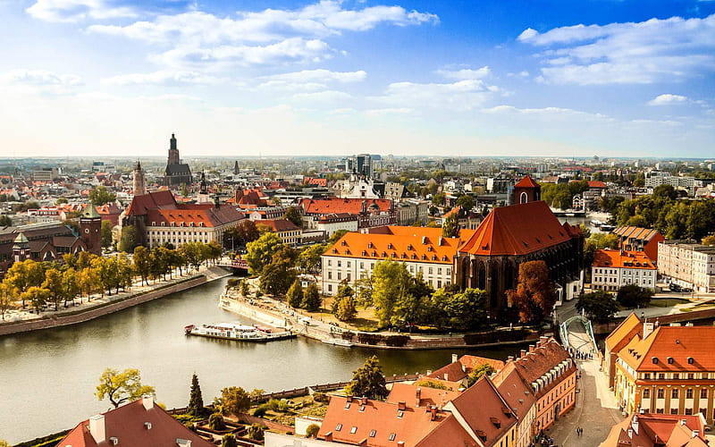 Wroclaw, Oder, river, evening, Wroclaw cityscape, Wroclaw panorama, Poland, HD wallpaper