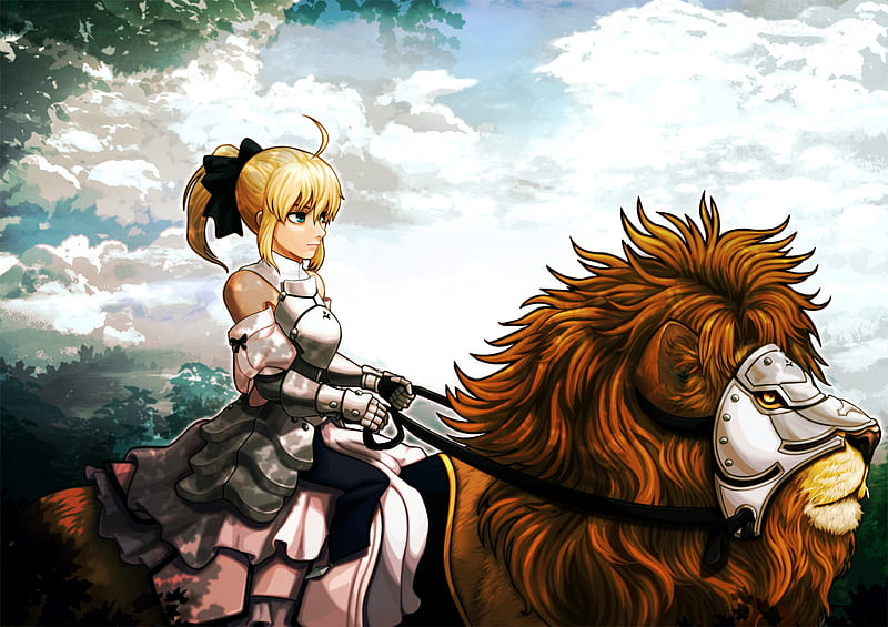 Saber Lily, saber, gauntlets, green eyes, fsn, clouds, animal, fate stay night, anime, female, blonde hair, riding, lion, armor, girl, mask, armour, fate unlimited codes, HD wallpaper