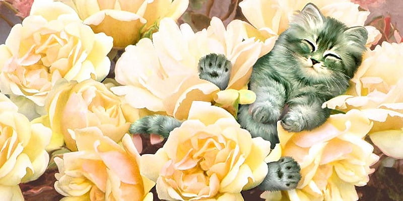 By Howard Robinson, art, painting, flower, cat, kitten, howard robinson, animal, HD wallpaper