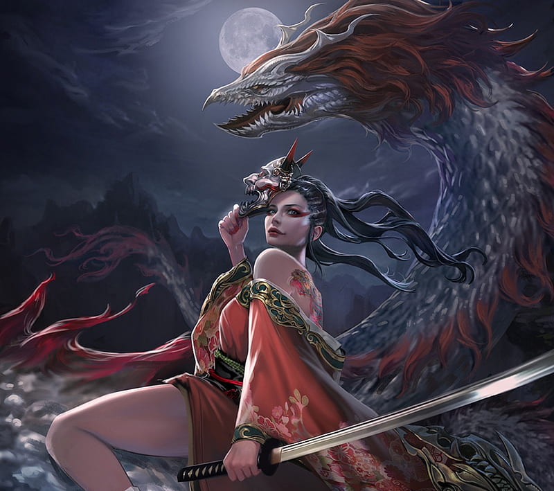 Fantasy girl, mask, dragon, red, frumusete, moon, kimono, fantasy, kiyocat illust, moon, girl, asian, HD wallpaper