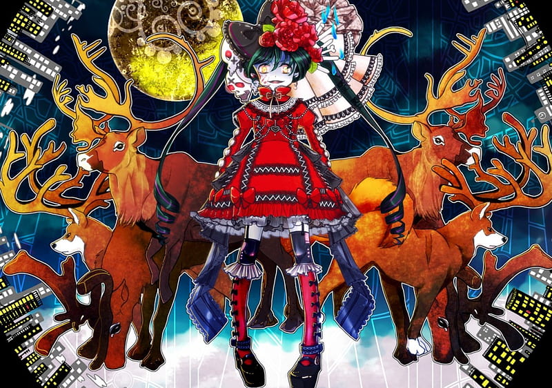 Hatsune Miku, red, rose, santa claus, horns, animal, city, moon, anime, reindeer, blue, night, christmas, manga, cute, girl, snow, flower, funny, white, HD wallpaper