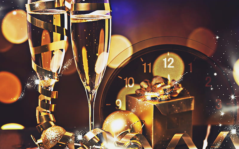 Christmas decoration, champagne, clock, New Year Party, Happy New Year, glare, Christmas, HD wallpaper