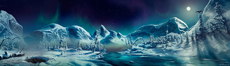 Land of the ending time, simo rasanen, white, winter, night, simi rasanen, moon, iarna, fantasy, moon, snow, blue, HD wallpaper