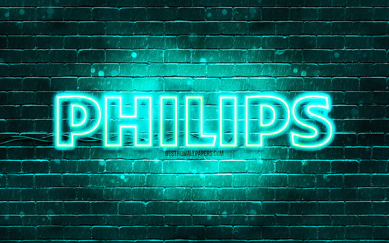 Philips turquoise logo turquoise brickwall, Philips logo, brands, Philips neon logo, Philips, HD wallpaper