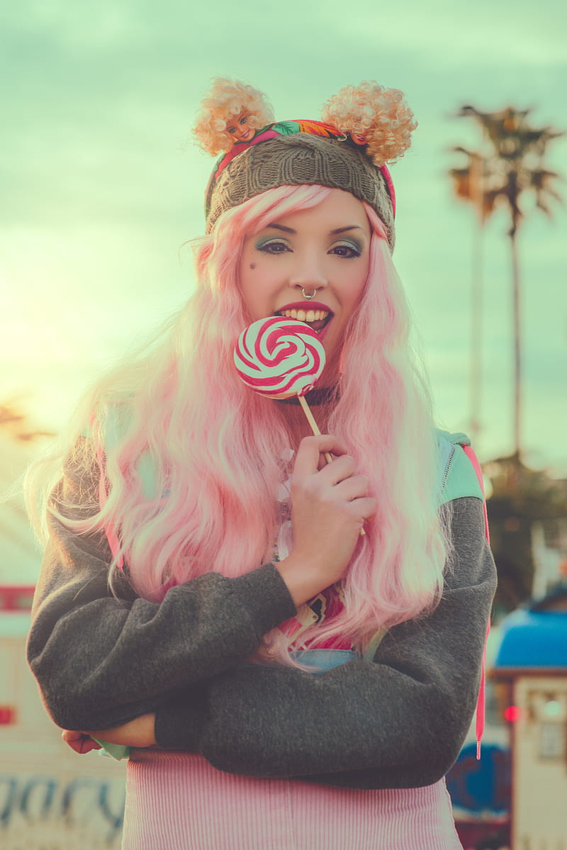 lollipop, pink hair, Ruben Cid, , women, model, HD phone wallpaper