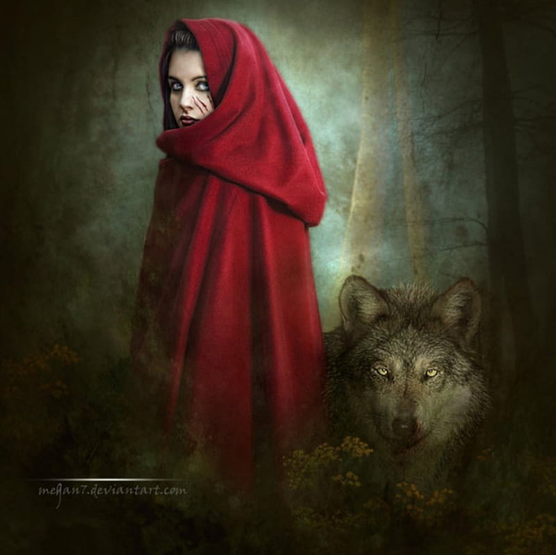 free download | A Strange Friendship, red, fantasy, wolf, lady, HD ...