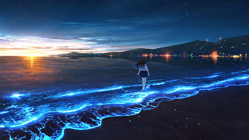 Anime Girl Beach Evening Starry Sky Sunset Anime Girl, HD wallpaper