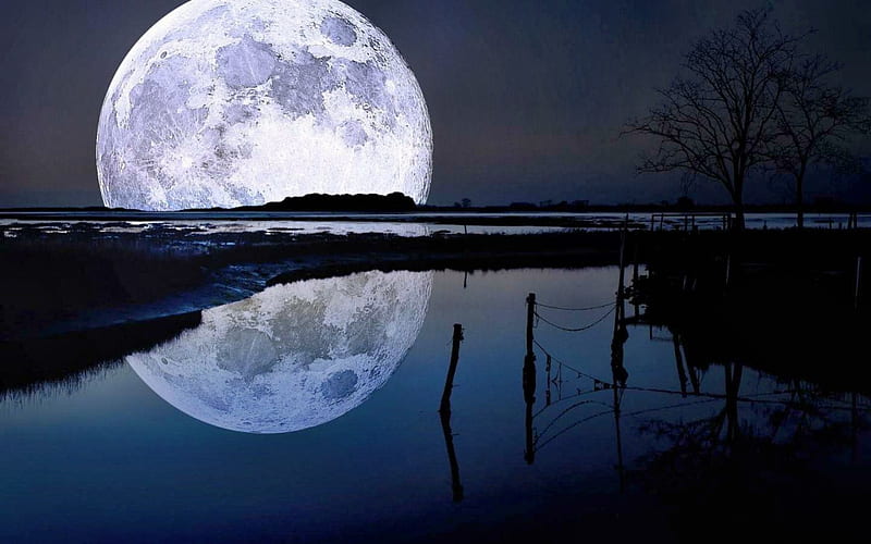 full-moon-reflection, lakes, moon, space, outdoors, HD wallpaper