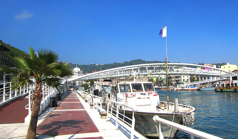 Harbor, boat, ferry, footpath, bridge, HD wallpaper