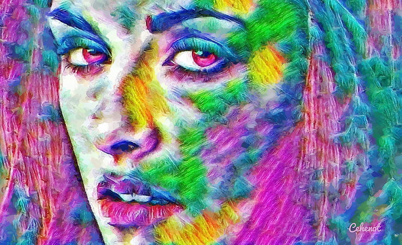 Bella Swan, Kristen Stewart, by ceheot, yellow, abstract, twilight saga, fantasy, green, painting, face, vampire, portrait, eyes, pictura, pink, blue, HD wallpaper