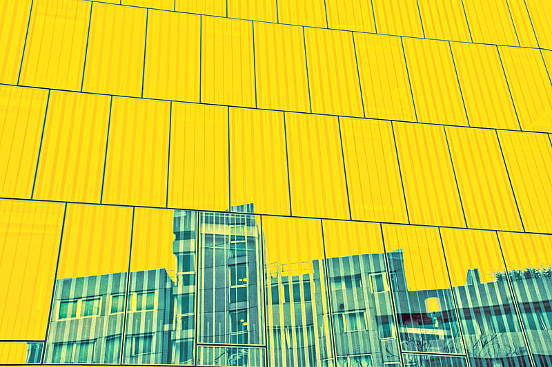 building, facade, panels, yellow, reflection, HD wallpaper