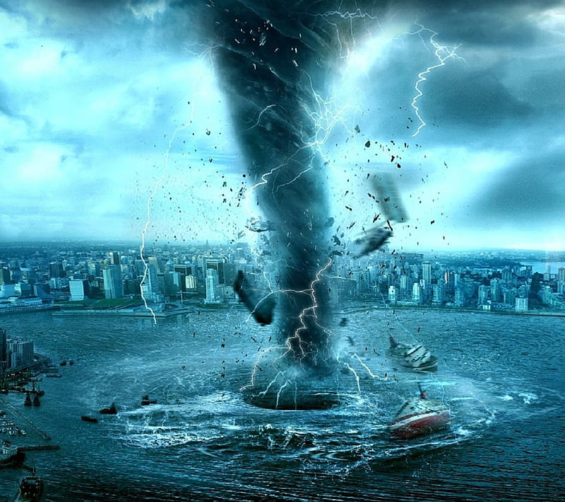 Disaster tornado, disaster, lightning, tornado, lake, HD wallpaper